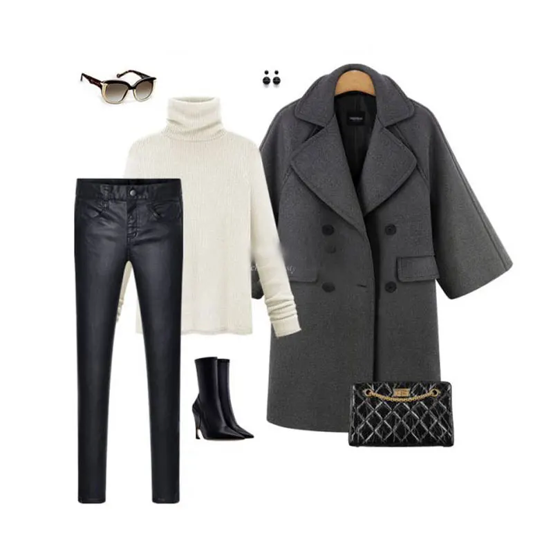 Женское шерстяное пальто Черное длинное с отложным воротником двубортное в