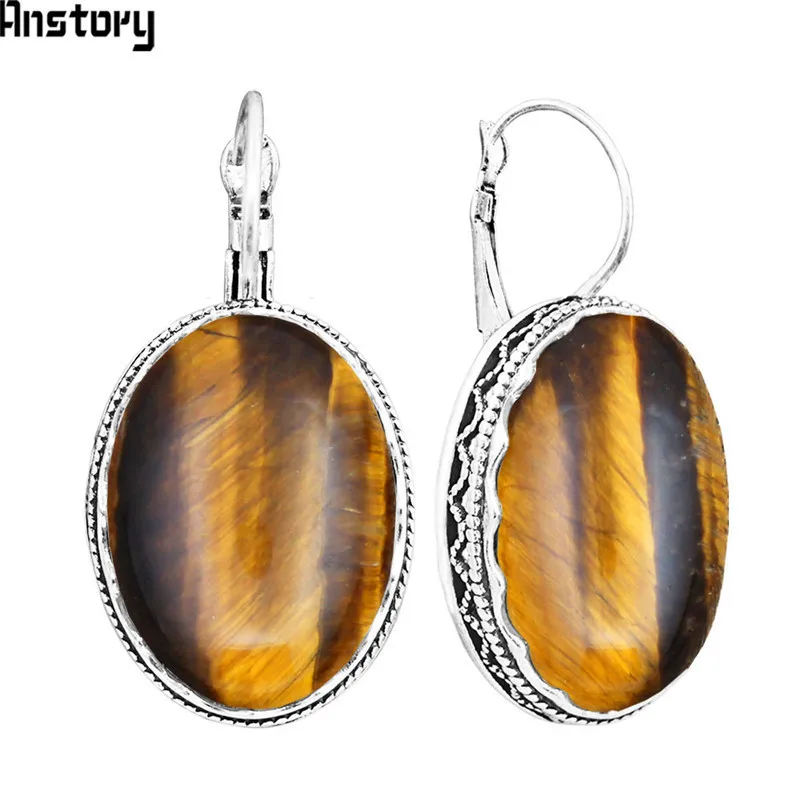 Tiger Eye Большой овальный натуральный Лазурит Серьги для Для женщин Винтаж Античный Посеребренная цветок Подвеска манжеты серьги TE441 - Окраска металла: Tiger Eye