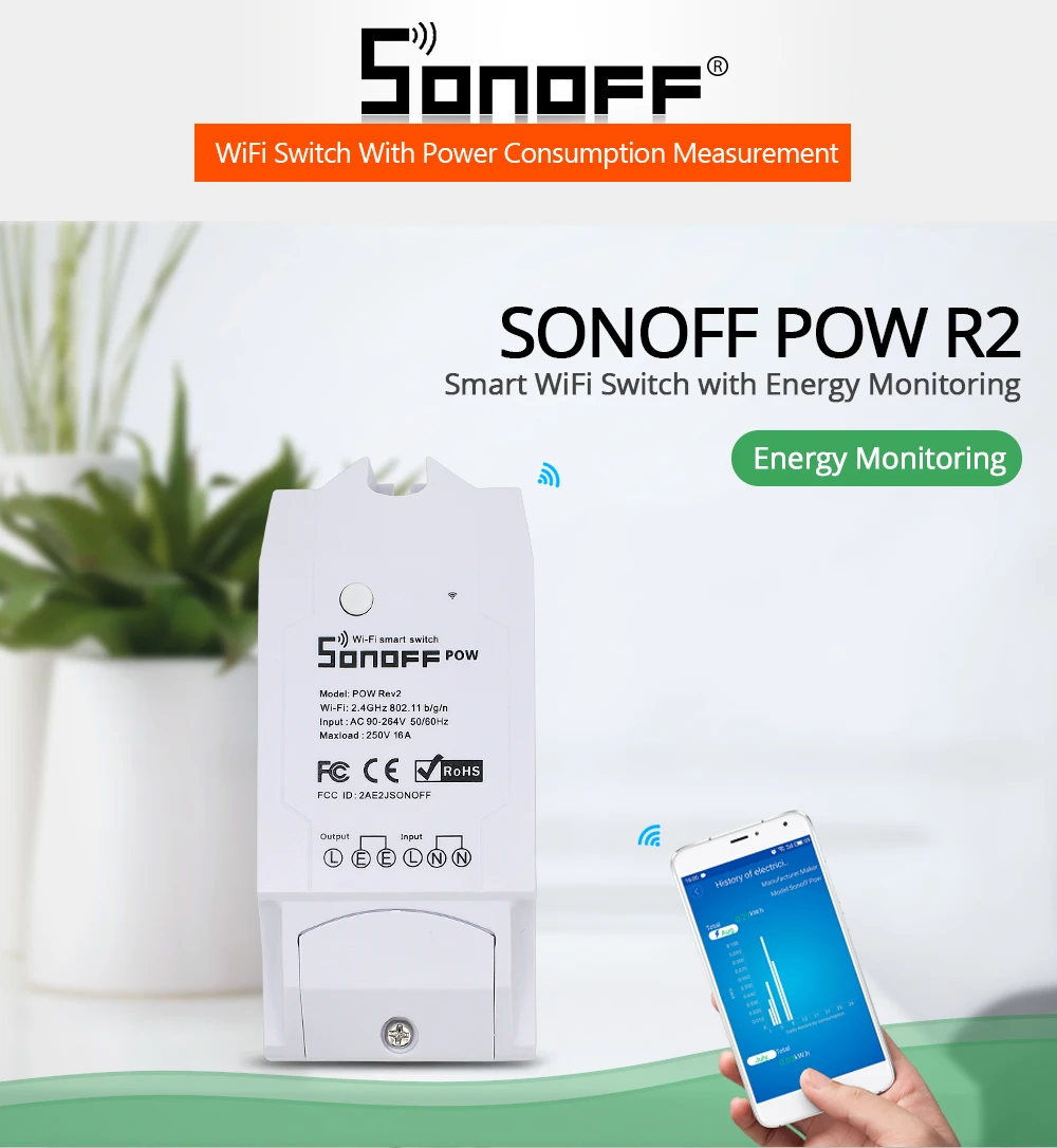 Умный беспроводной Wi Fi переключатель Sonoff POW R2 15 А измерение энергопотребления в