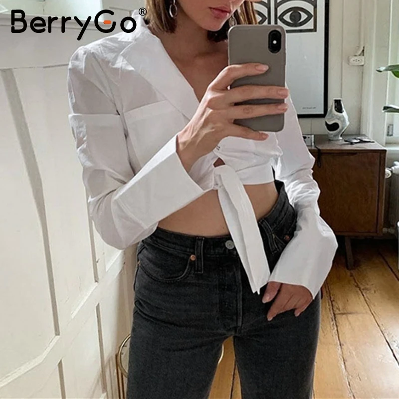 BerryGo сексуальная белая женская блузка рубашка с длинным рукавом на шнуровке