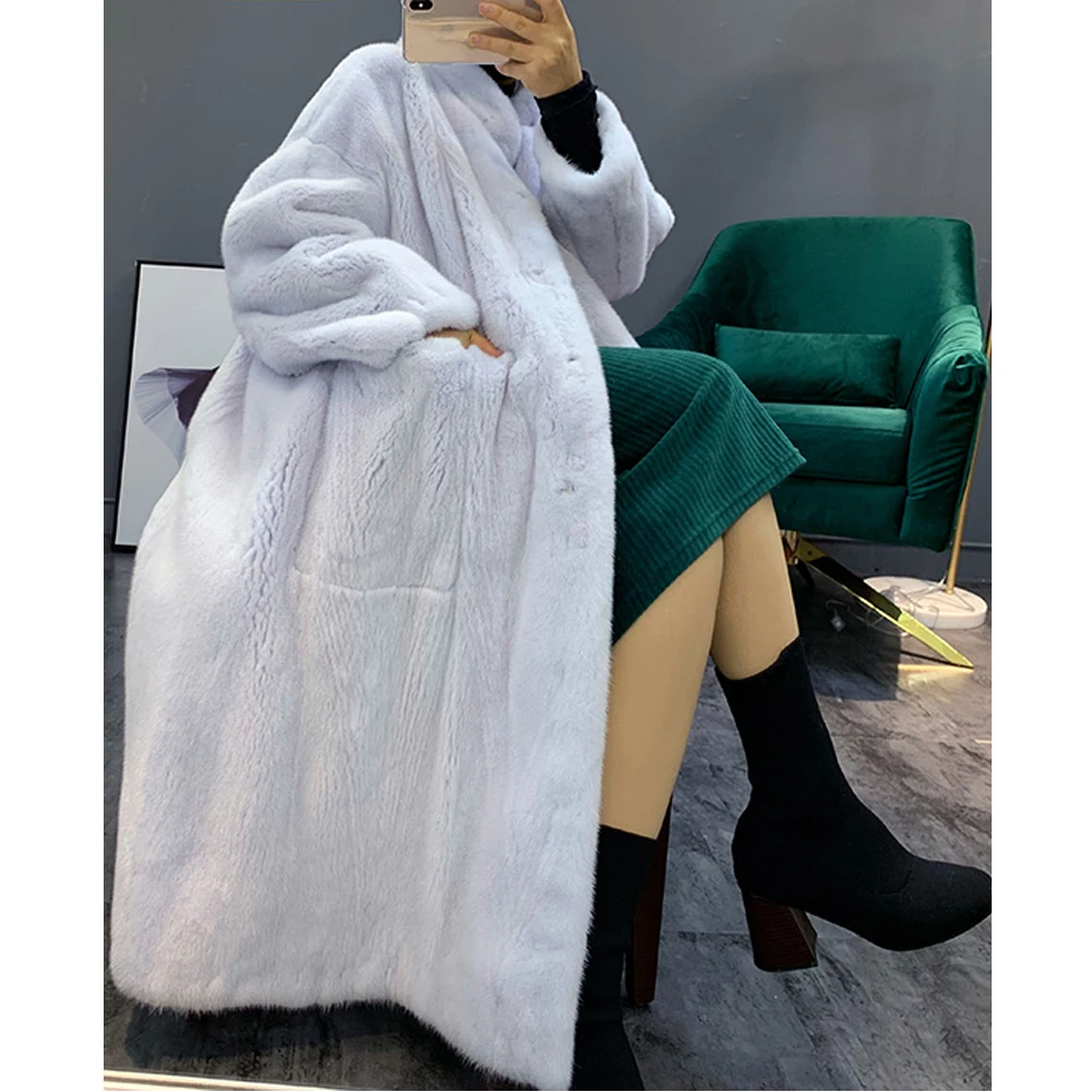 Women's Mink Fur Coat Long With Stand Collar Thick Warm Jacket White Plus Size Outwear | Женская одежда