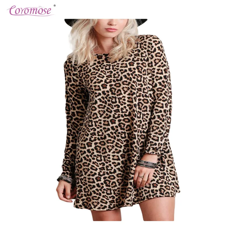 У Женщин Леопардовый свободное платье круглый Средства ухода за кожей шеи Мини с