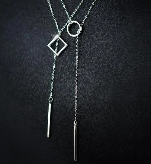 Реальный. Женское серебряное ожерелье с открытым квадратным кольцом и подвеской