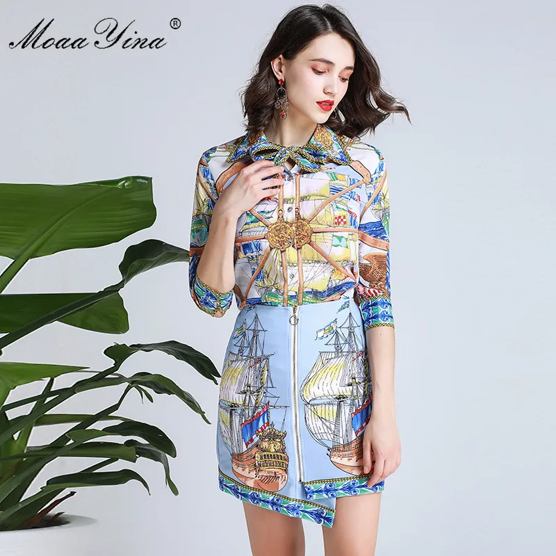 MoaaYina модельер Set сезон: весна–лето Для женщин парусник рубашка с принтом топы +