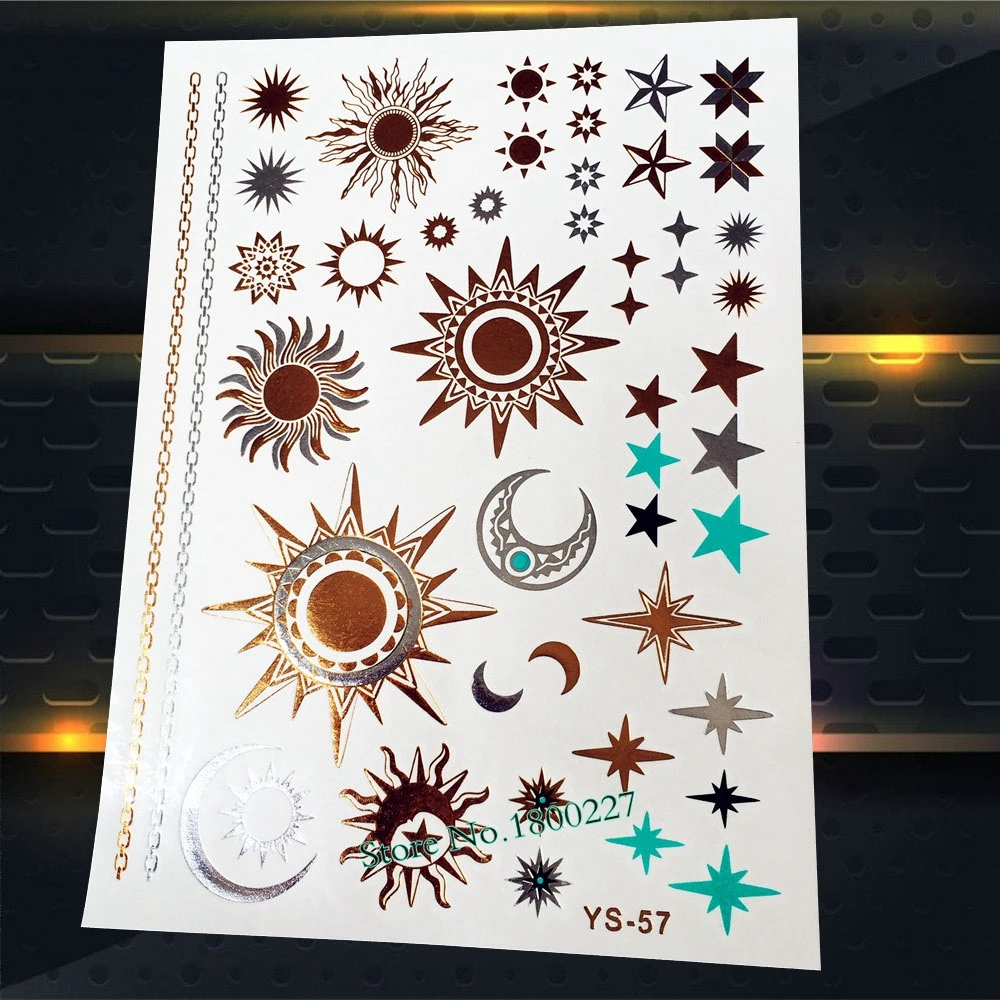 Временные металлические тату наклейки золотые звезды солнце серебряный цвет