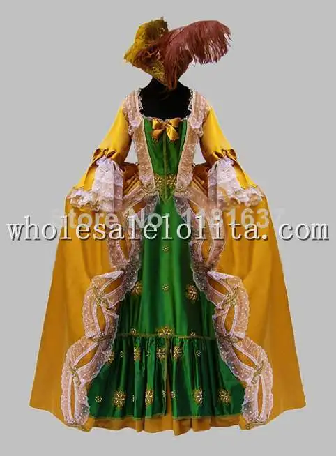 Роскошное желтое и зеленое викторианское платье эпохи Марии Антуанетты