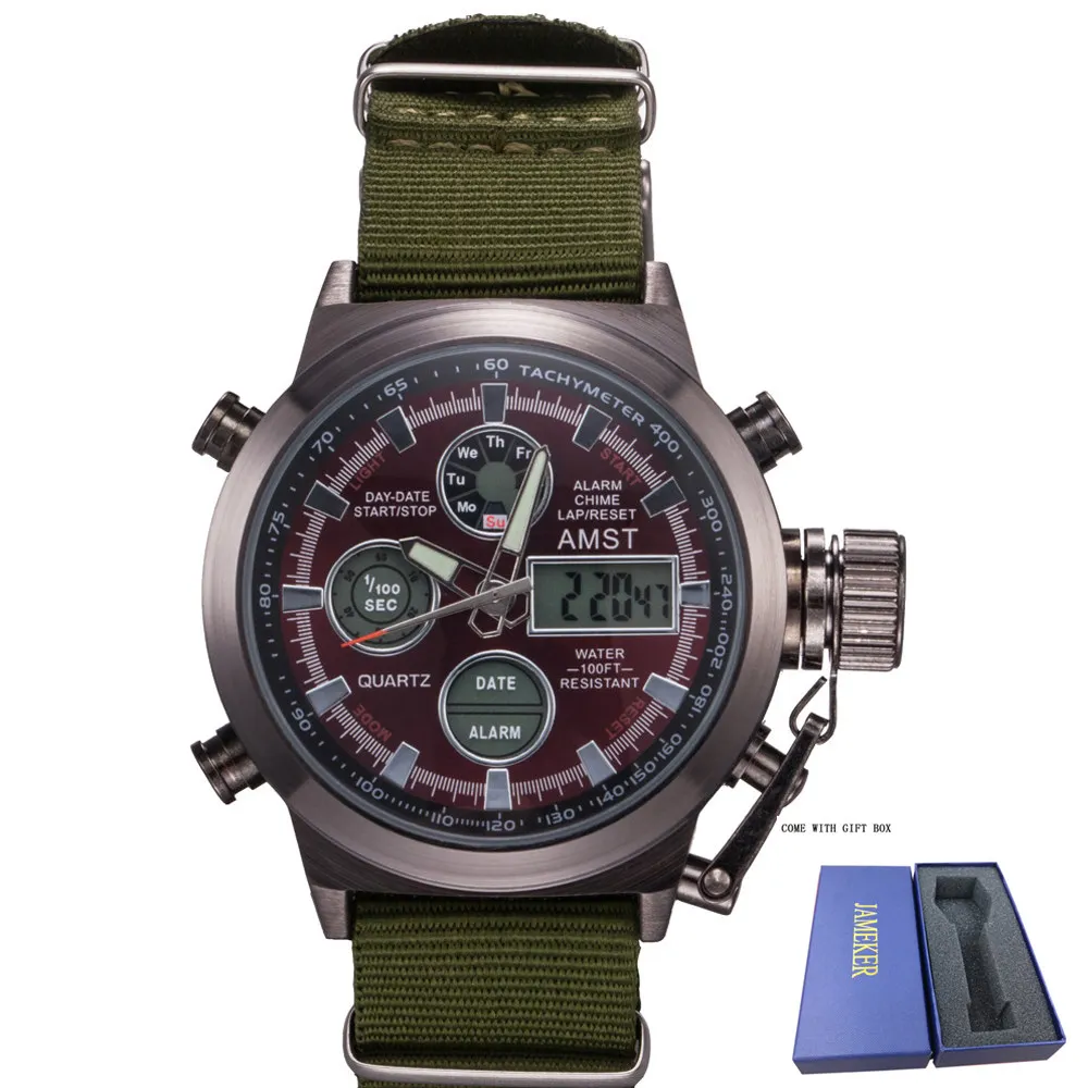 red green Известный люксовый бренд AMST мужские спортивные часы мужские цифровые часы мужские армейские военные кожаные светодиодный наручные часы Relogio Masculino - Цвет: red green