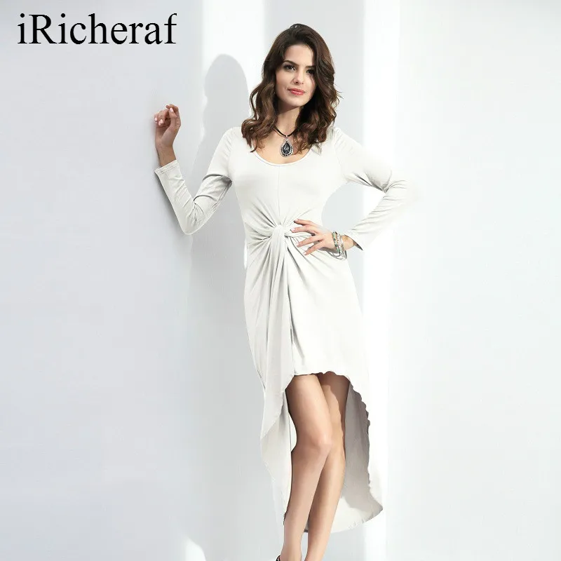 Vestidos Sexy Long Sleeve Dress Women O-neck Irregular Hem High Slipt Solid Slim New Elegant Autumn Dresses Mid-calf Hot Sale | Женская