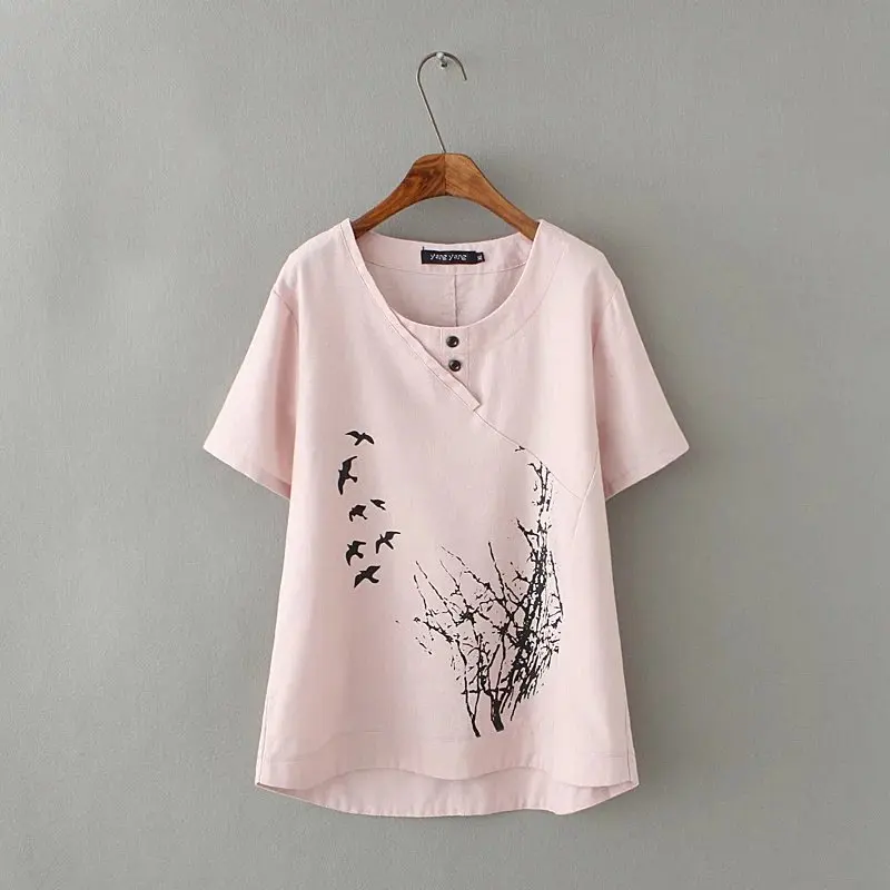 Льняная хлопковая Асимметричная женская футболка размера плюс XXXL с аппликацией