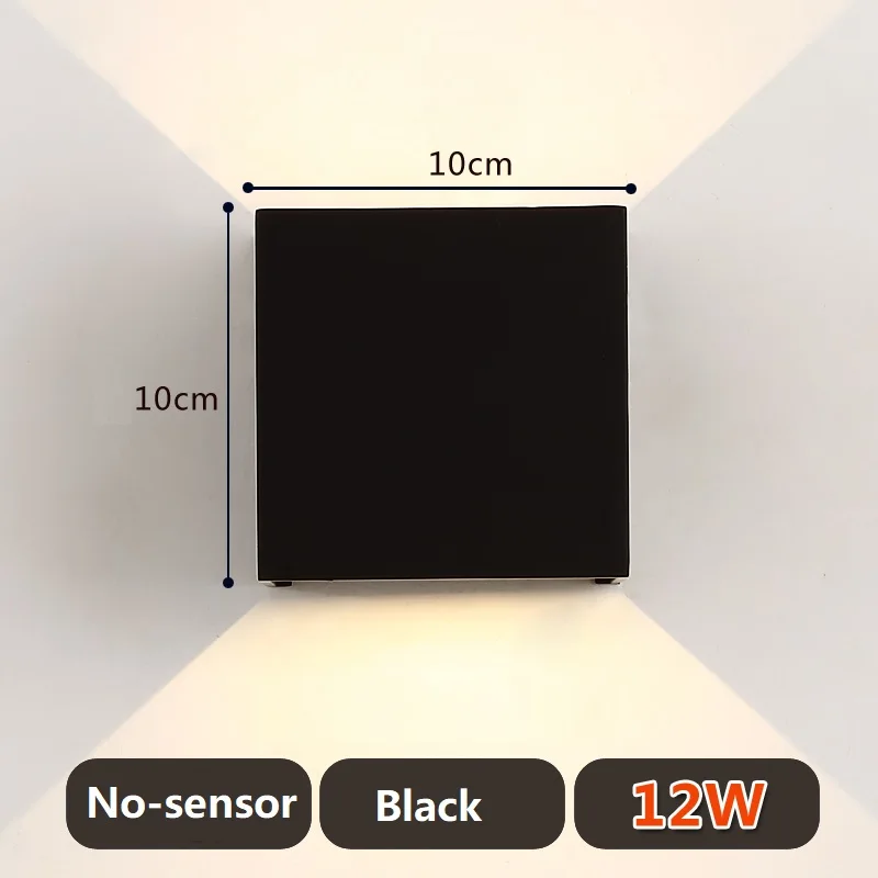 12W no-sensor black PIR датчик движения Открытый светодиодный настенный светильник квадратный водонепроницаемый IP65 крыльцо сад настенный светильник наружный светильник - Испускаемый цвет: 12W no-sensor black