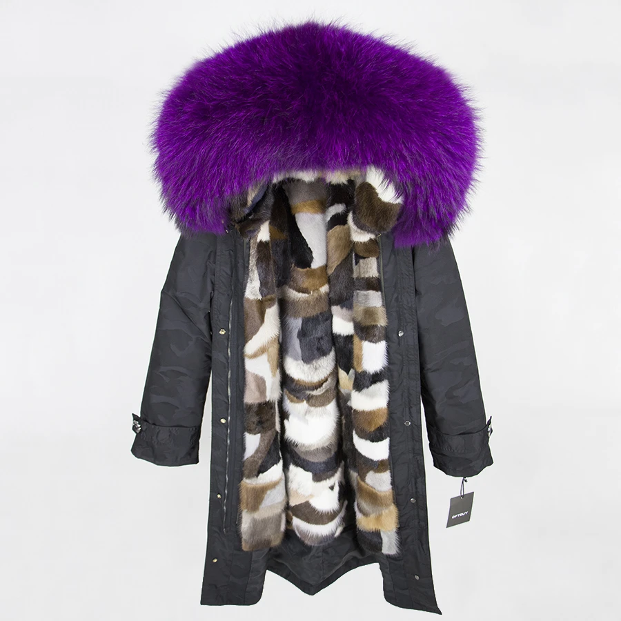 black Camouflage 26 OFTBUY пальто с натуральным мехом, зимняя куртка для женщин, удлиненная Камуфляжная парка, большой воротник из натурального меха енота, капюшон, подкладка из натурального меха норки - Цвет: black Camouflage 26