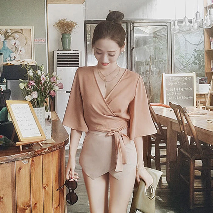 new fashion brand summer style Women's Clothing Blouses sexy crop top v-neck chiffon Shirts Bow Bandages Female solid tops | Женская