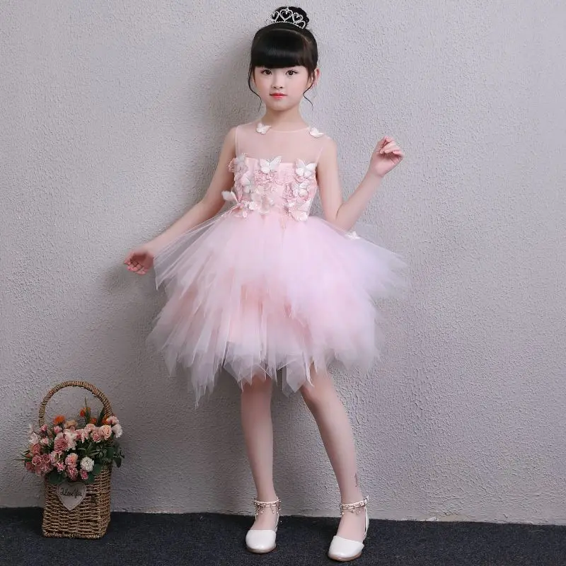 2018 Girl Pink Tulle Princess Flower Dress Wedding Christening Gown Summer Clothes For Party First Communion | Детская одежда и