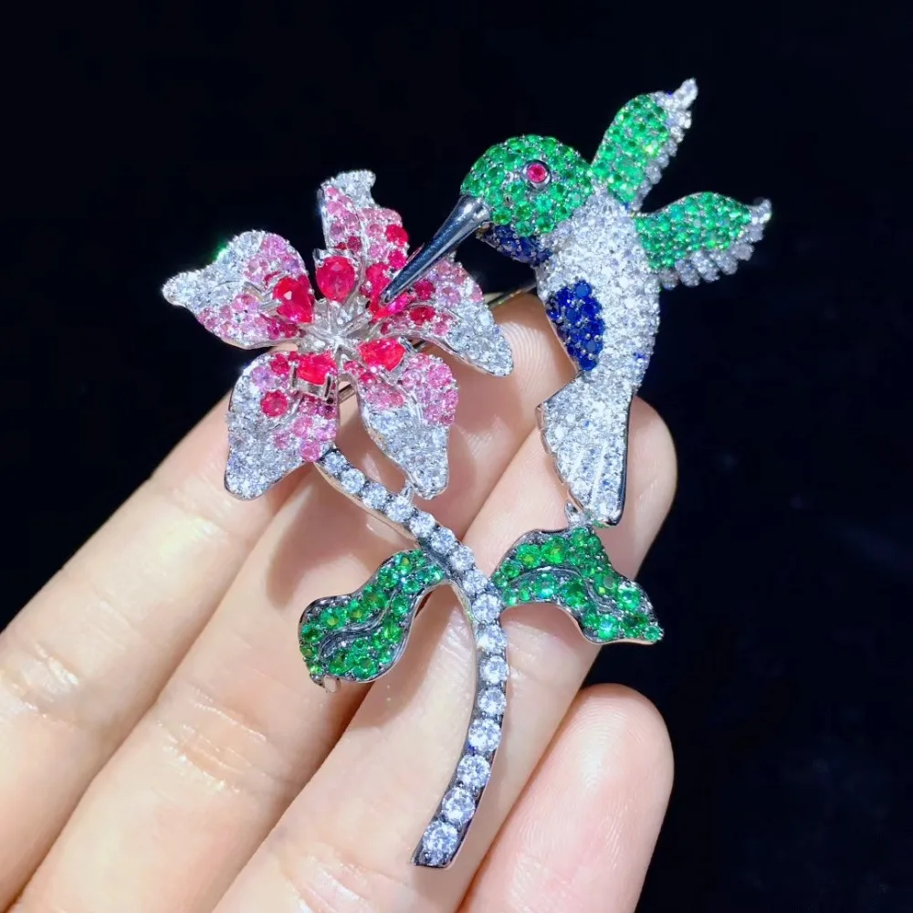 bird and flower brooch pin fine women jewelry 925 sterling silver free shipping pave stone 56*73MM | Украшения и аксессуары