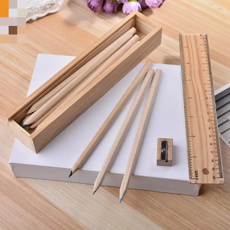 12 шт./лот милый цветной карандаш деревянная коробка с линейкой точилка для