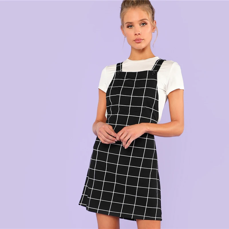 Dotfashion нагрудник карман спереди сетка Сарафан платье Лето Без Рукавов преппи Платье женское черное на бретелях короткое прямое платье