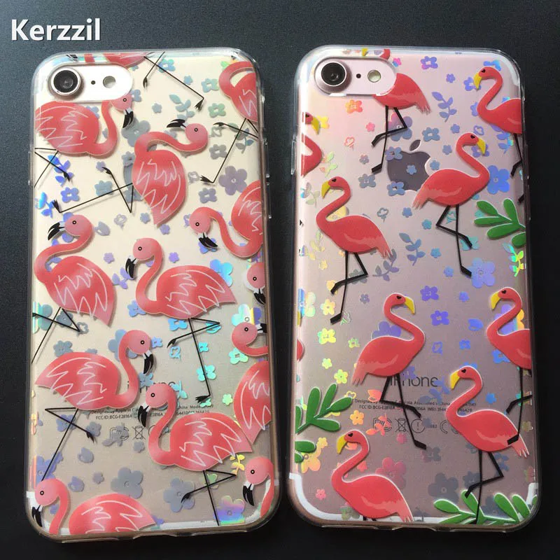 Kerzzil Lovely Cartoon Flamingo Ostrich Leaf Cover For iphone 7 Transparent Laser Flowers Phone Cases iphone7 6 6S PLus |