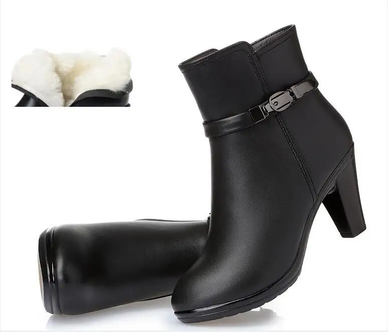 black inside wool Новинка года; сезон осень-зима; Модные Ботинки martin; обувь из натуральной кожи; женские зимние ботинки с шерстью; ботильоны на высоком каблуке; женские ботинки - Цвет: black inside wool
