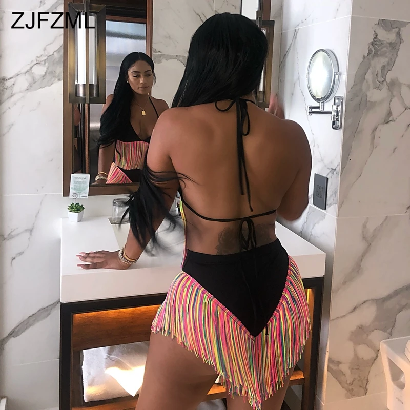 ZJFZML Красочные кисточки летний комплект из двух предметов для женщин Холтер V