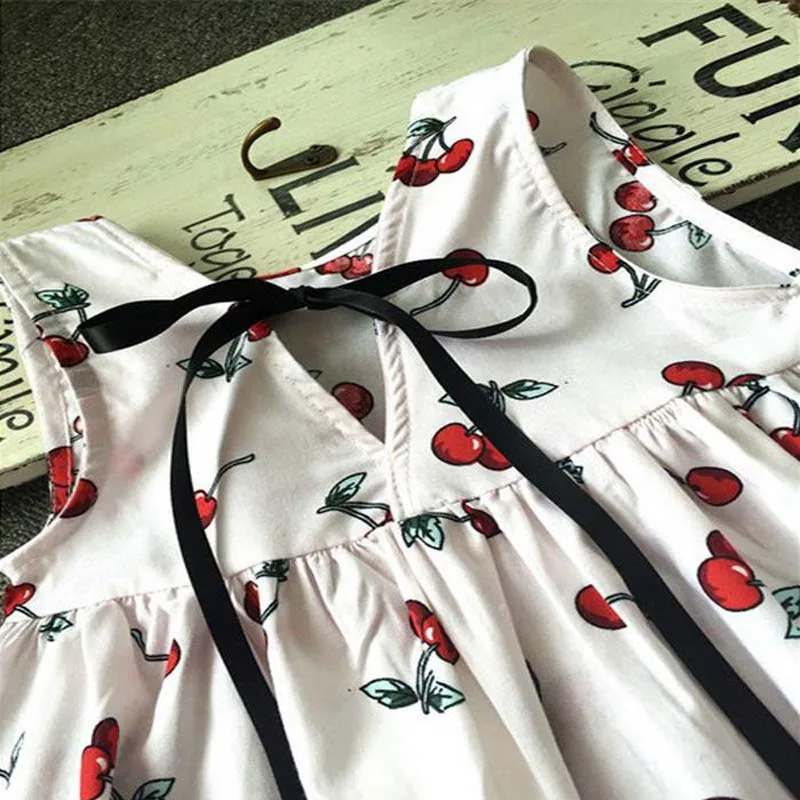 Девушки платье с вишневым рисунком сзади Платье хлястиками хлопок принцесса