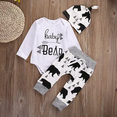3PCS Toddler Kids Baby Boy Hat Long Sleeve Bodysuit Top Pants Newborn Babies' Clothes Outfits Clothing Set |