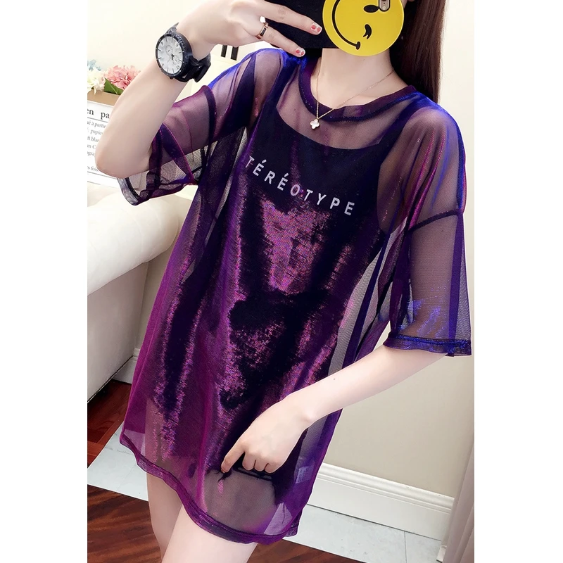 Новинка сексуальные сетчатые топы футболка Женская мода 2018 блестящая рубашка с