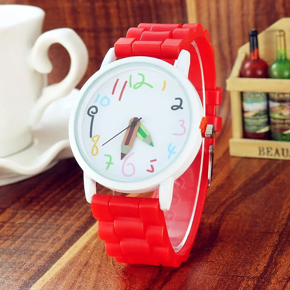 red Silicone Candy Color Student Quartz Watch Girls Clock Fashion Pencil Pointer Wristwatches Children Cartoon Kids Gift Watches - Цвет: red