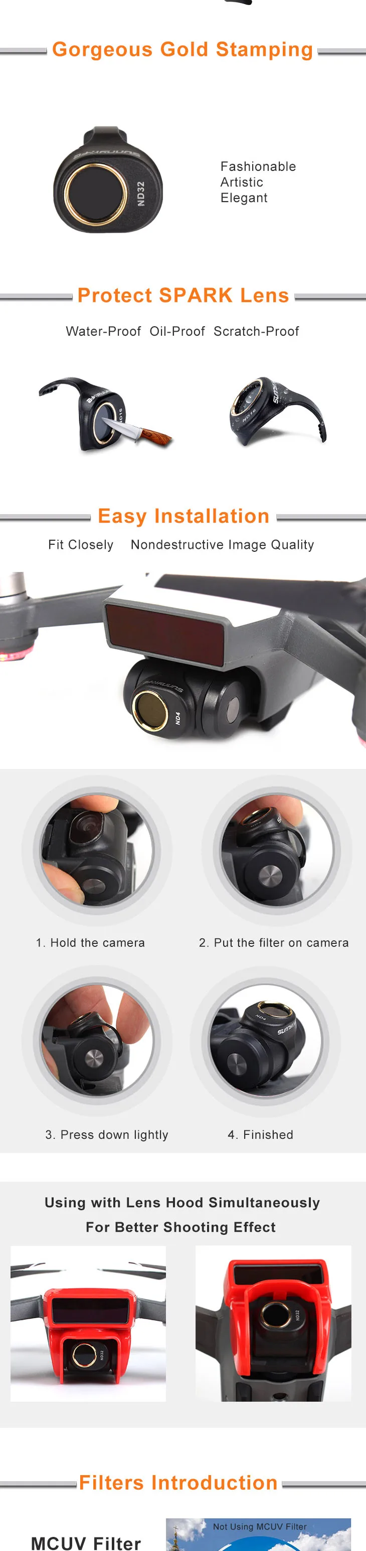 Для DJI Spark фильтр Gimbal объектив камеры комбо многослойное покрытие пленки для DJI Spark фильтр для ND4 ND8 ND16 ND32 MCUV CPL