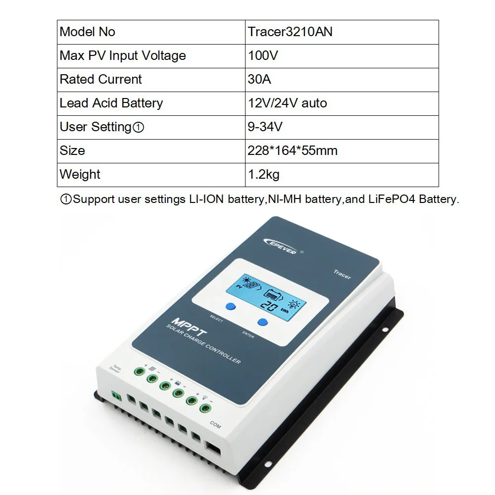 Tracer3210AN EPSOLAR 100/80/60/50/40/30/20/10A MPPT Контроллер заряда для фотоэлектрических систем Панели солнечные Tracer Батарея Зарядное устройство регулятор 12/24/36/48V - Цвет: Tracer3210AN