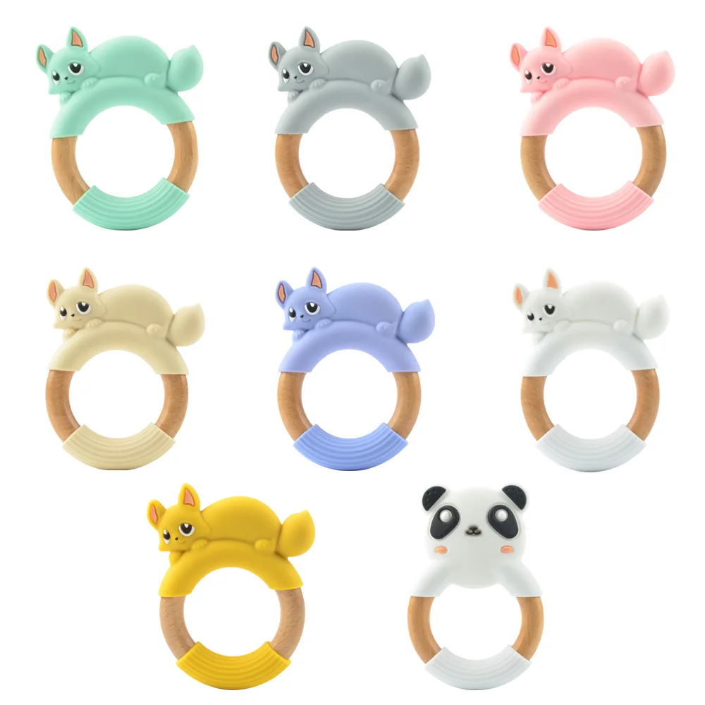 Silicone Fox Panda Teether Wooden Ring BPA Free Nursing Accessories Chewable Wooden Baby Teethers Natural Safe Necklace Bracelet