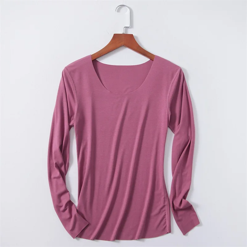 Purple Базовые вискозные Топы с длинным рукавом для женщин, короткая многослойная рубашка, базовый топ, незавершенный, осень - Цвет: Purple