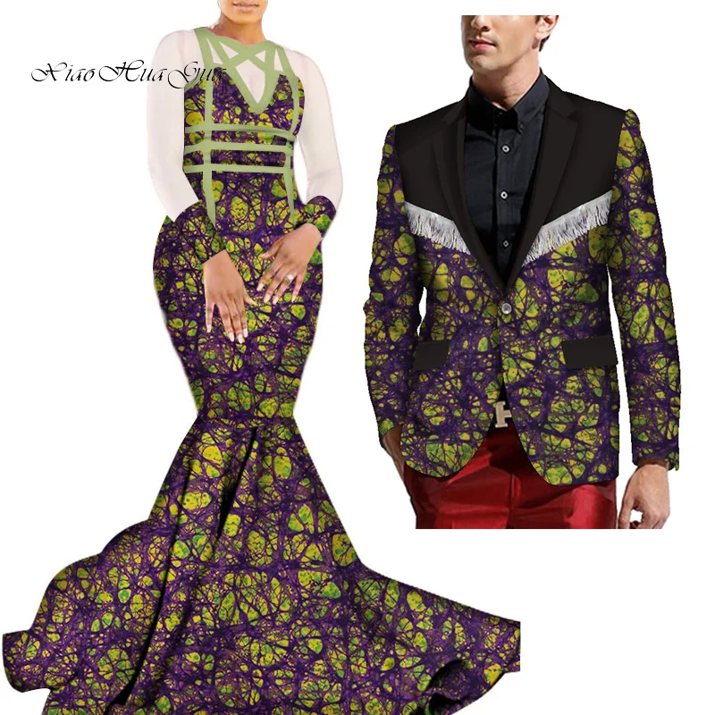 17 African Mermaid Bazin Riche Dresses for Couples Dashiki African Couple Clothing Women's Dress+Men's Blazer 2 Pieces Set WYQ275 - Color: 17