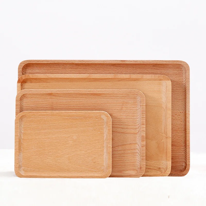 Solid Beech Wood Rectangular Tableware Serving Tray, Decorative Trays, Platters for Tea/Coffee/Breakfast/Bread/ Serving,Set of 4