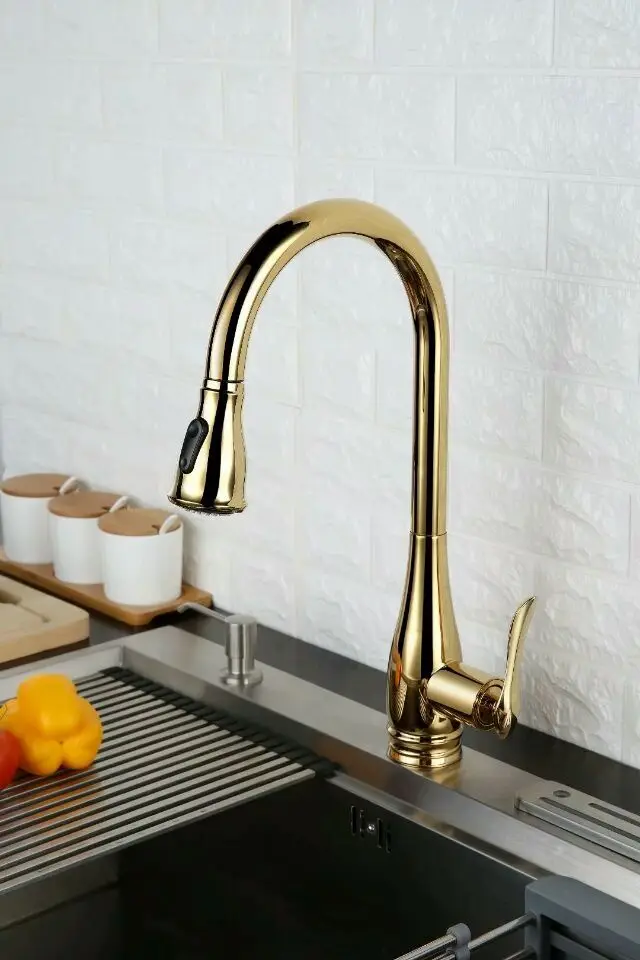 Free ship Brand New Pull Out Sprayer Kitchen Faucet Gold color Single Hole Sink tap deck mounted classic |