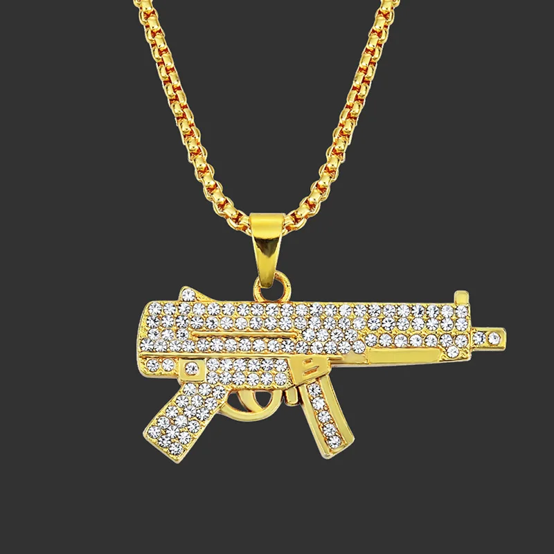 Женское и мужское ожерелье с кулоном Uzi Gun массивное Золотистое украшение в стиле