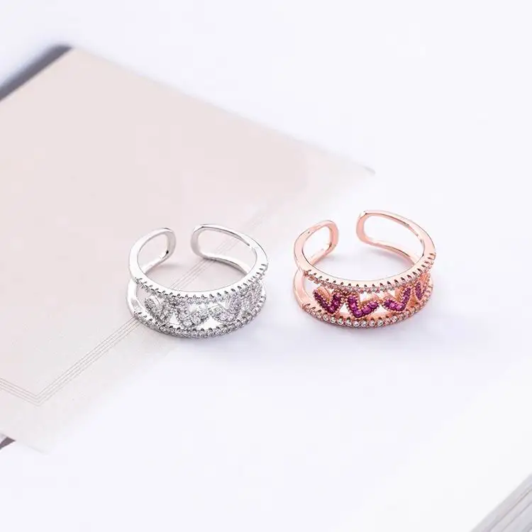 Micro Pave Zircon Love Heart Ring Double Layers Korean Style Fashion Jewelry Adjustable Rings For Women Bijoux Delicate | Украшения и