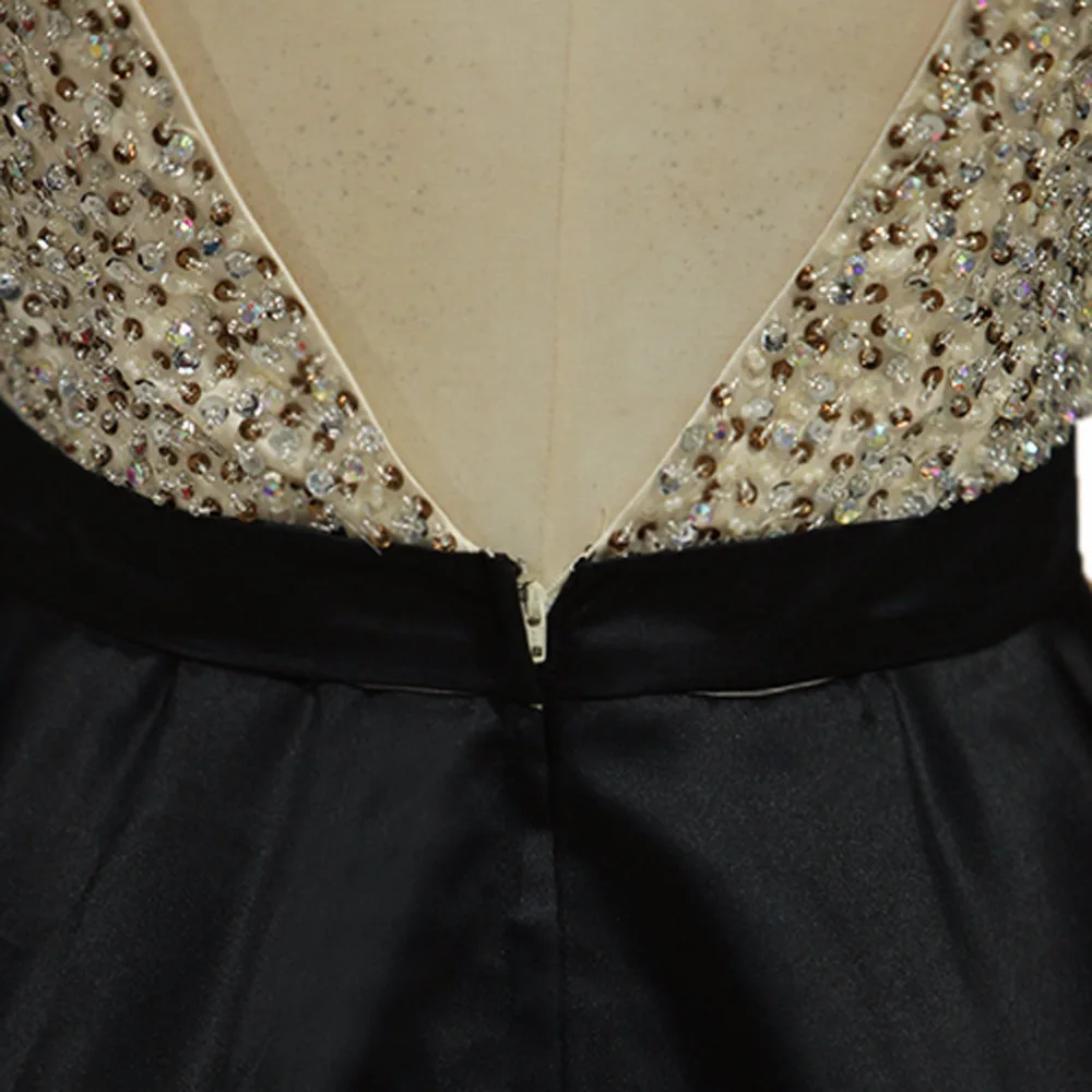 Элегантное платье для выпускного вечера цвета шампанского и черного короткое