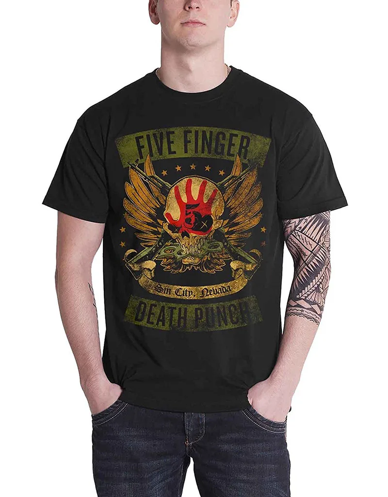 Для мужчин взрослых slim fit футболка S XXL Five Finger Death Punch заблокирована загружен Группа