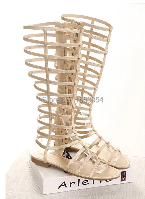 platform women sandals 2015 Sexy high-heeled Roman sheepskin with rivets hollow thin flat gladiator Tall Cool Boots | Обувь