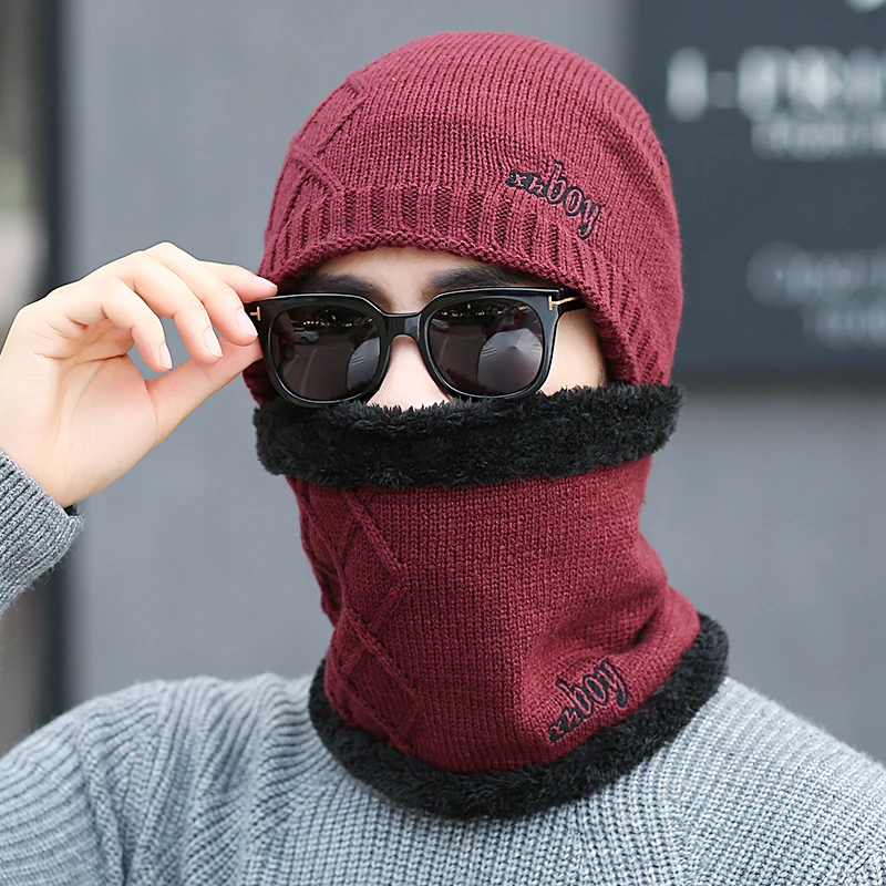 Winter men's knitted cotton hats warm and comfortable loose ski scarf mask caps exquisite embroidery plus velvet thick Beanies |