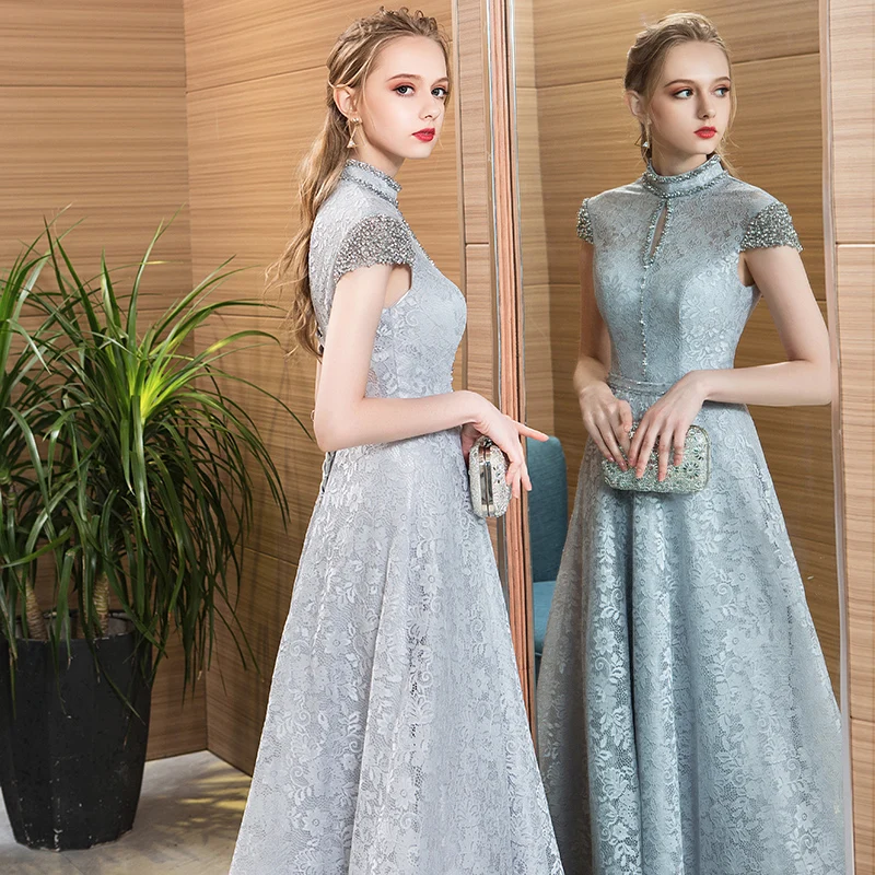 Evening Dresses Gorgeous Formal Round Neck Diamond ornament Lace Long Sexy Red Women Party 2019 Special Occasion Dress | Свадьбы и