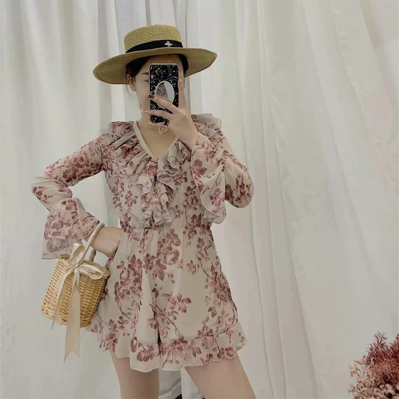 Boho женские комбинезоны кружева с цветочными рисунками короткие гофрированное обернутое летнее коcтюм с длинными рукавами Свободный женский вырез с оборками комбинезон