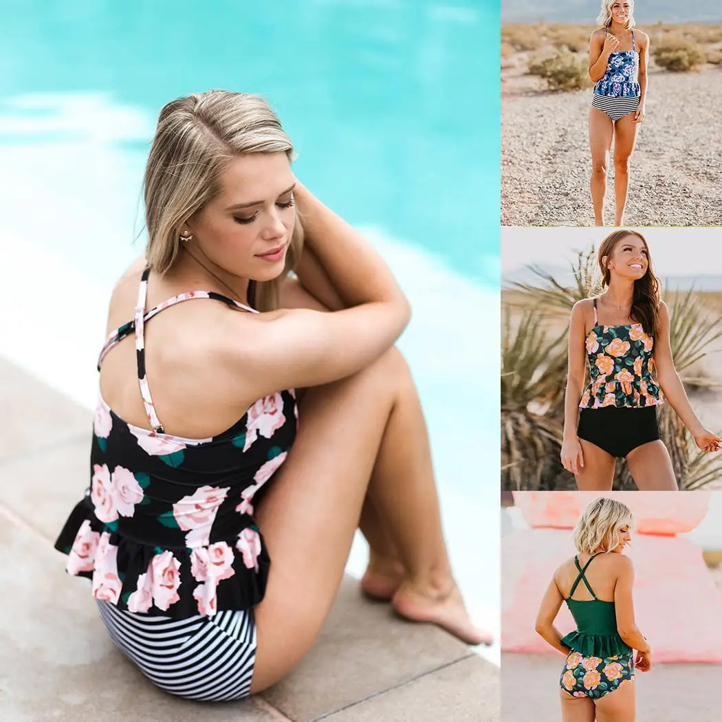Women Sexy Tight Bikini High Waist Printed Wire Free Two-piece Slim Beach Pool Strip Swimsuit Strap Beachwear |