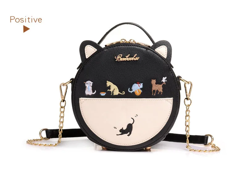 Cute Embroidery Cat Messenger Bag Women Small Circular Ears Crossbody Bags Teenage Girls Chain Shoulder Bag Mini Handbag XA25B