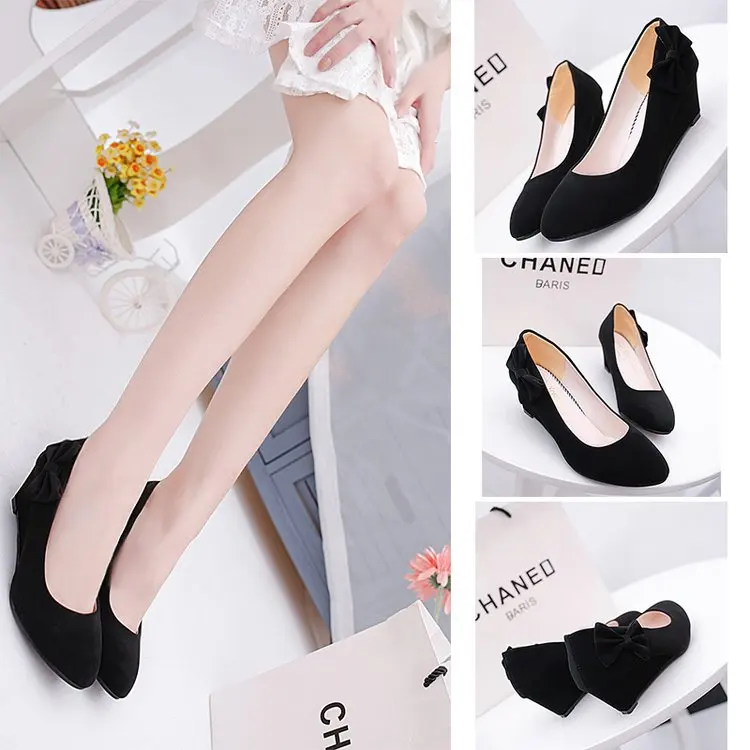 Женские замшевые туфли на танкетке с острым носком черные низкие Туфли бантом