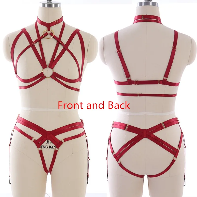 

Womens Goth Sexy Red Garters Belt Set Body Harness Elastic Adjust Strappy Bondage Fetish Harness Belt Cage Waist Briefs Set