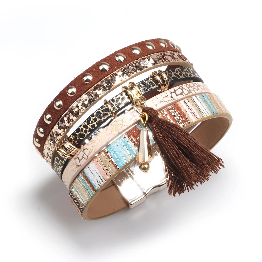 2019 Multilayer Leather Bracelet Women Tassel Charm Bohemian Wide Bracelets &amp Bangles For mujer armbanden voor vrouwen | Украшения и