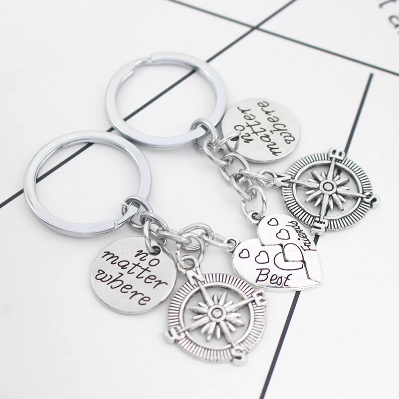 

Newest Trendy BFF Jewelry Wholesale Broken Heart Best Friends No Matter Where Stitching Compass Alloy Pendant Keychains Key Ring