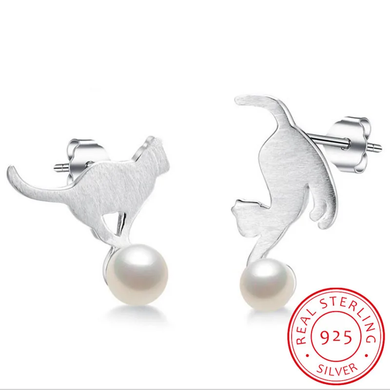 

100% 925 silver needle & Freshwater Pearls Cute Cat Stud Earrings For Women Luxury Sterling Silver Jewelry Gift Cqe235
