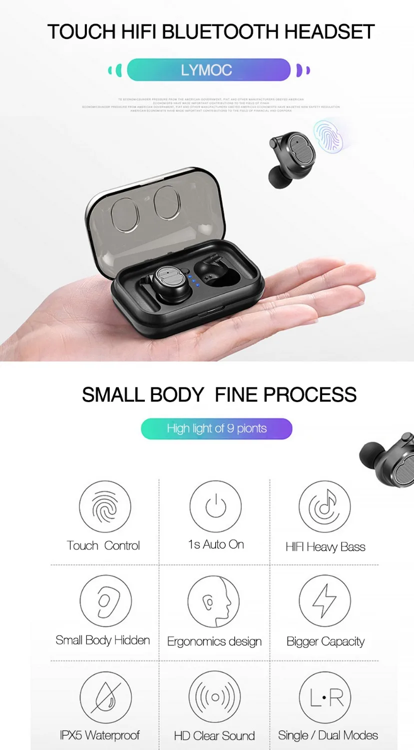 LYMOC TWS8, беспроводные наушники, Bluetooth 5,0, гарнитура, мини наушники, с сенсорным управлением, водонепроницаемые, HD микрофон, гарнитура для телефона